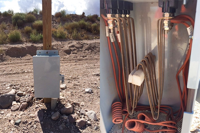 Left, the exterior of a high-water detector and the interior, right.